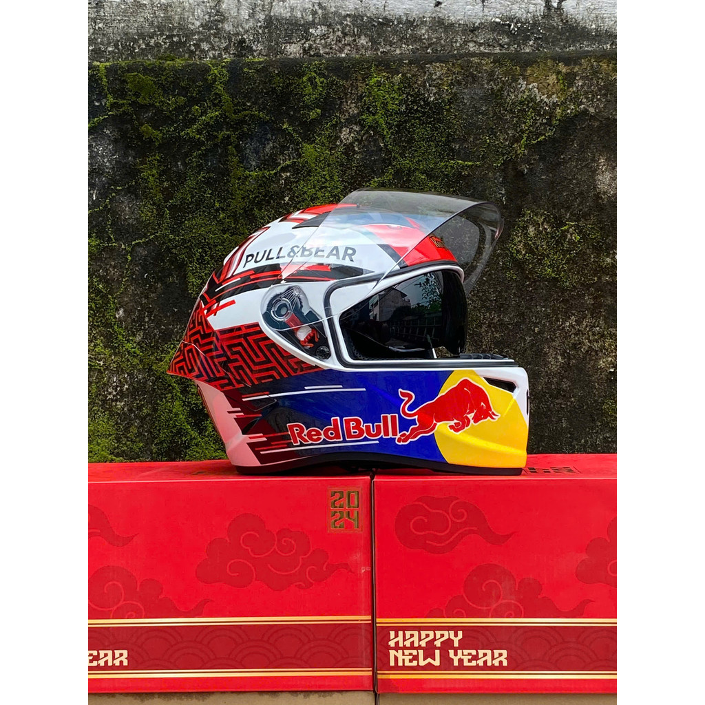 mũ bảo hiểm fullface 2 kính, nón full face M266 tem Redbull xanh dương (Tặng kèm túi đựng)