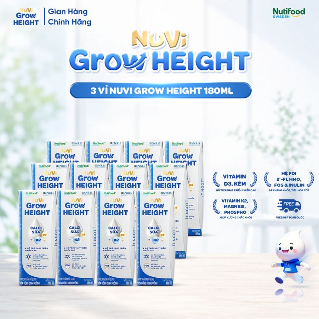 Nuvi Grow Height Sữa Nước 12 Hộp 180ml 2 Hương Vị- Hỗ Trợ Phát Triển Chiều Cao Toàn Diện