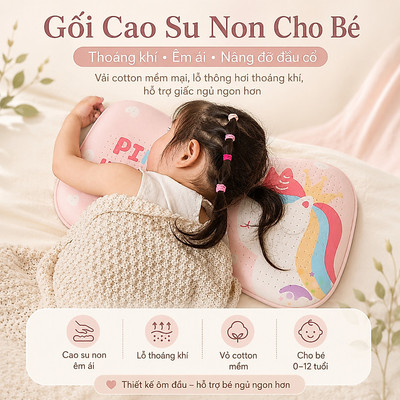 Gối cao su non cho bé KidAndMom lõi kép 2 tầng chống bẹp đầu, thoáng khí, vỏ gối mát bé 0-12 tuổi