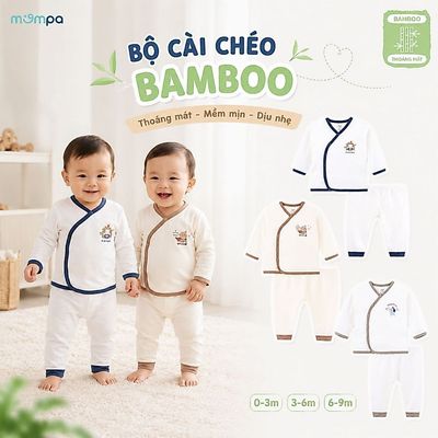 Bộ dài tay cho bé sơ sinh Mompa 0-9 tháng vải Sợi tre Bamboo mềm mại cài chéo MP 0566