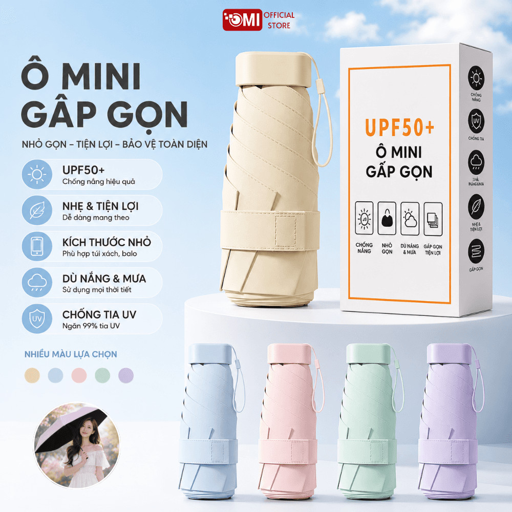 Ô Mini Gấp Gọn OMI, Dù Chống Nắng Chống Mưa Chống Tia UV, Ô Dù Gấp Gọn Chống Thấm Nước Kèm Túi Vải