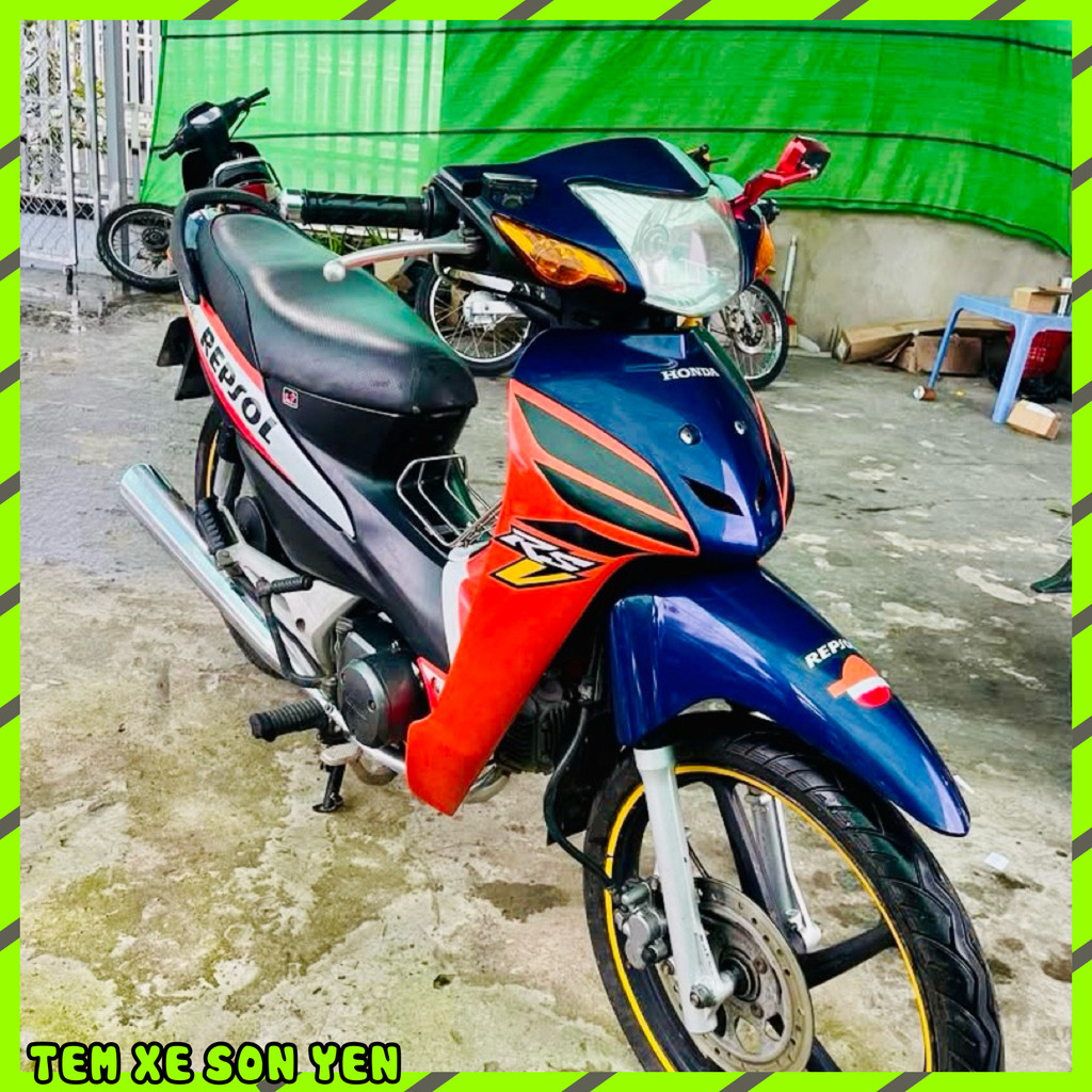 Tem Xe Wave A Wave Rs Decal PVC 3 Lớp Cao Cấp Mẫu Repsol Giả Zin Xanh Cam Chống Nước,Bền Màu