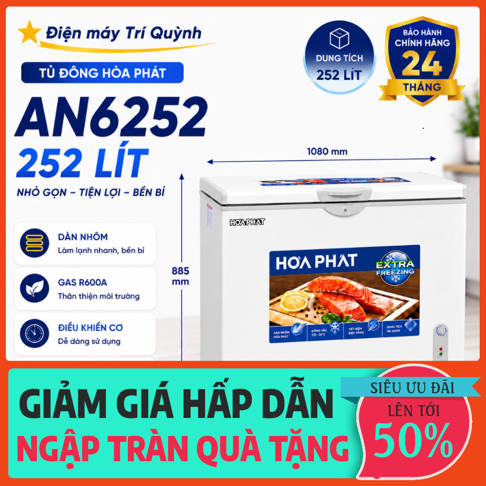 nhắn shop_ Tủ Đông Hòa Phát 252 Lít HPF AN6252 Dàn Lạnh Nhôm Có Bánh Xe Di Chuyển Bảo Hành 24 Tháng 