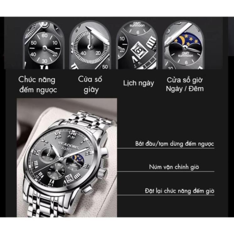 Đồng hồ nam đeo tay lịch chuyển động thạch anh,Đồng hồ Veadons mặt số phát sáng chống thấm nước, Vea