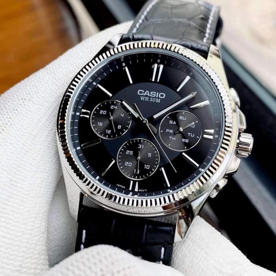 Đồng hồ Nam thời trang Casio MTP-1375L Dây da mặt đen/trắng 6 kim Bảo hành 1 năm