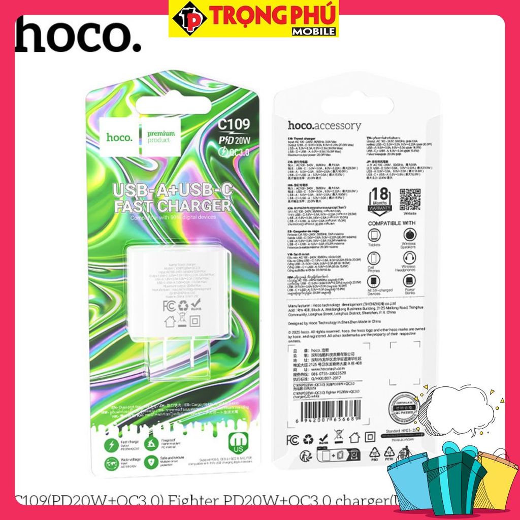Cốc sạc 2 cổng Hoco C109/C109A 20w 2 cổng U+C - Chính ck