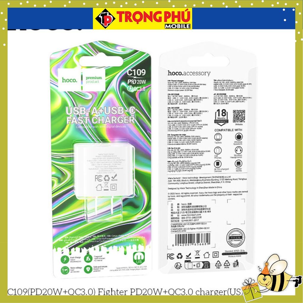 Cốc sạc 2 cổng Hoco C109/C109A 20w 2 cổng U+C - CH2