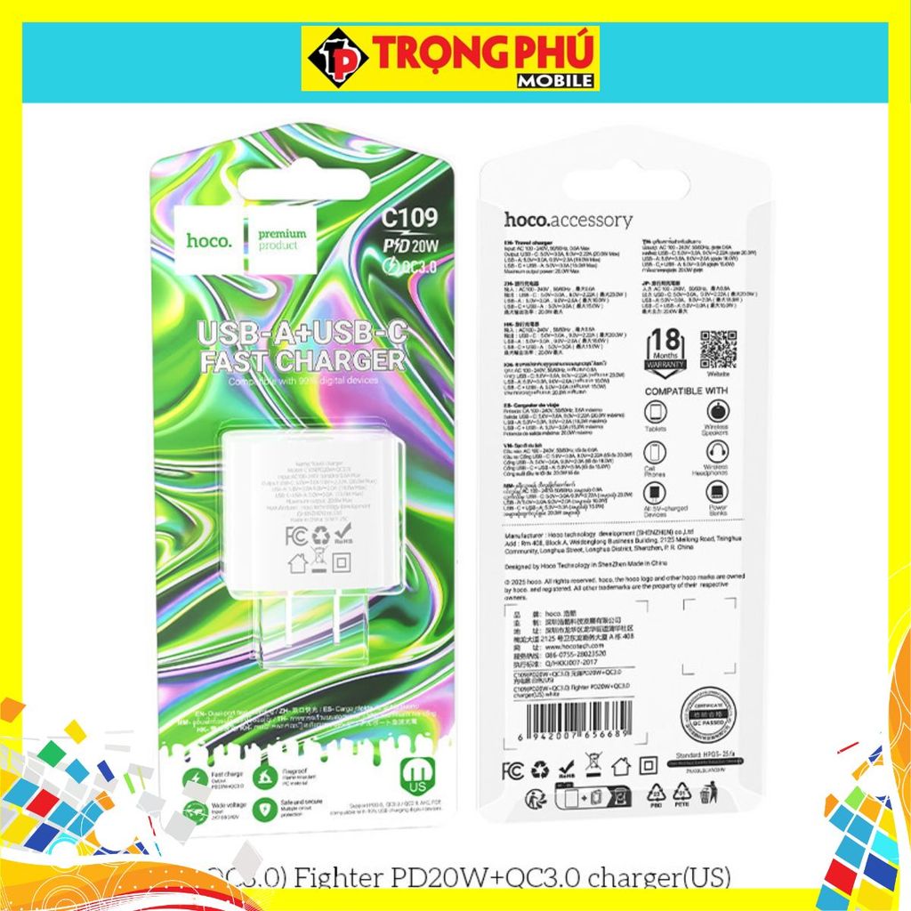 Cốc sạc 2 cổng Hoco C109/C109A 20w 2 cổng U+C - CH5
