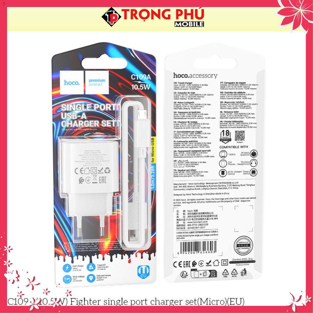 Bộ sạc Usb-Micro Hoco C109/C109A 10.5w QC3.0 - CH7