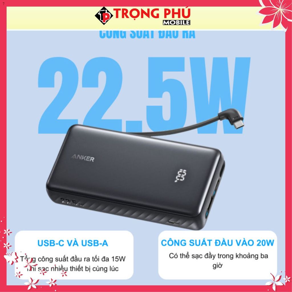 Sạc dự phòng Anker Zolo 2C1A 22.5W 20000mah (Built-In USB-C Cable) A110E
