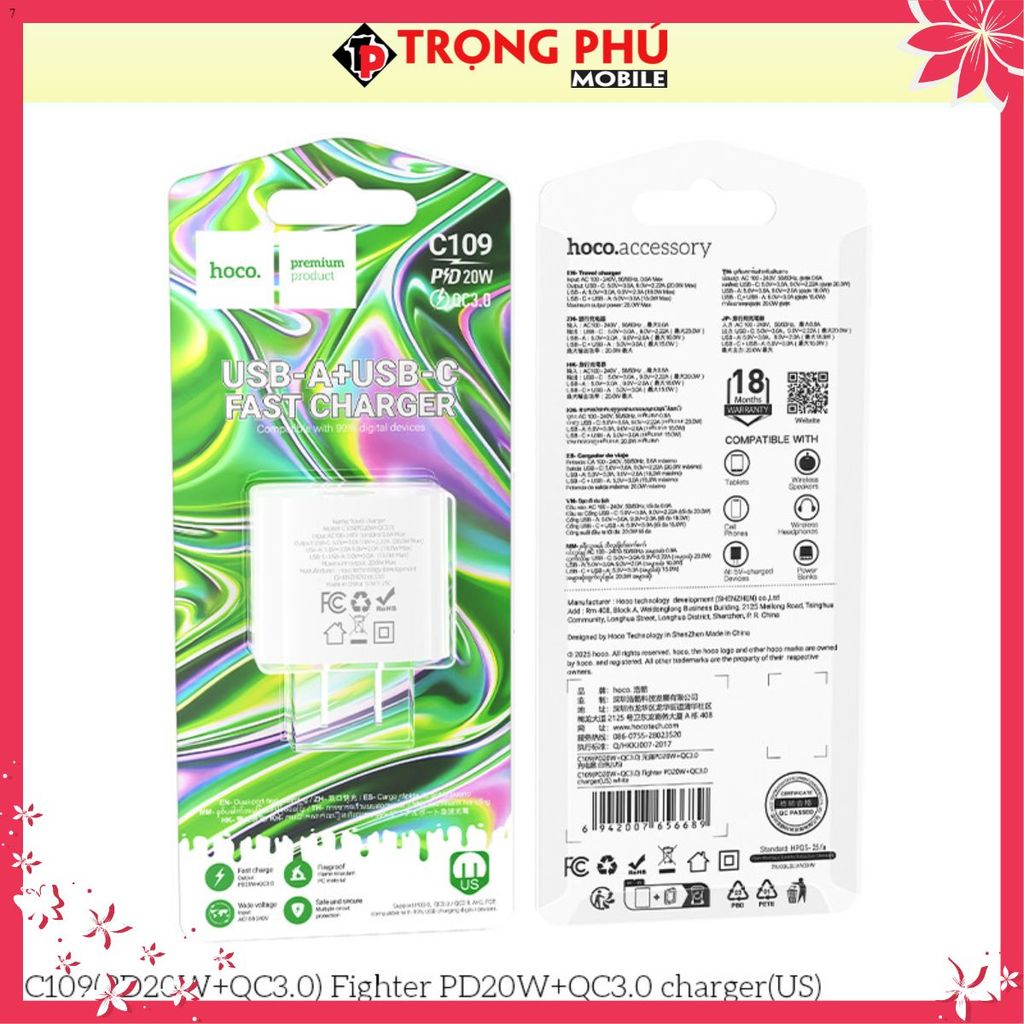 Cốc sạc 2 cổng Hoco C109/C109A 20w 2 cổng U+C