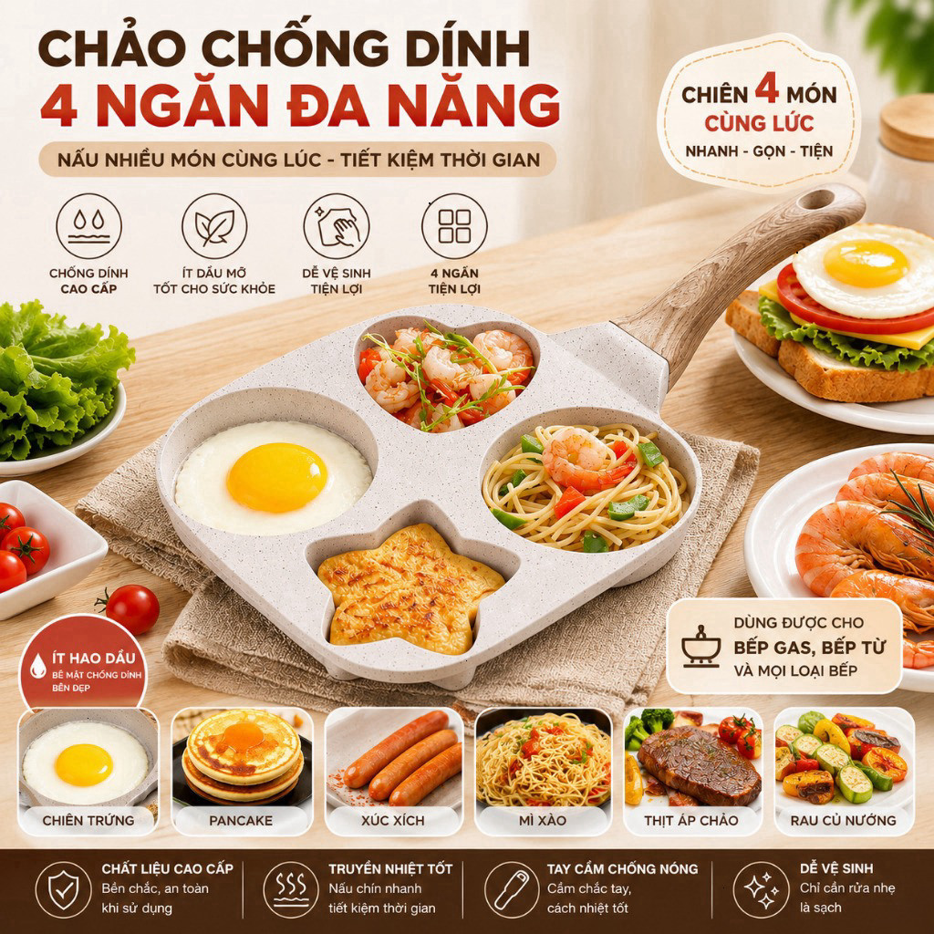 Chảo 4 ngăn hình sao chống dính Đa Năng Cao Cấp - Chảo Chiên Trứng, Pancake, Xúc Xích, Bánh - Dùng Cho Bếp Gas & Bếp Từ