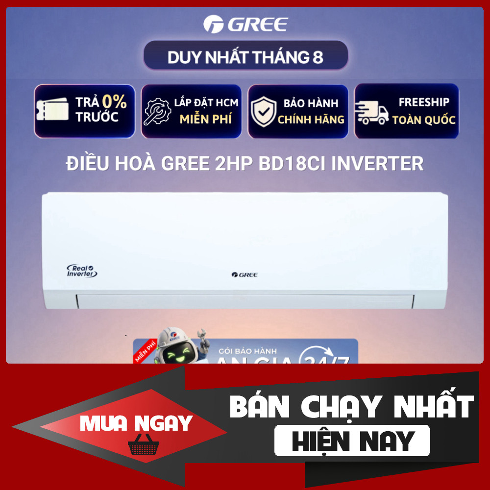 Điều hòa Gree Inverter 2 HP BD18CI Đáng Mến Có 18 Mẫu Đèn LED Sạc 0Đ FreeShip