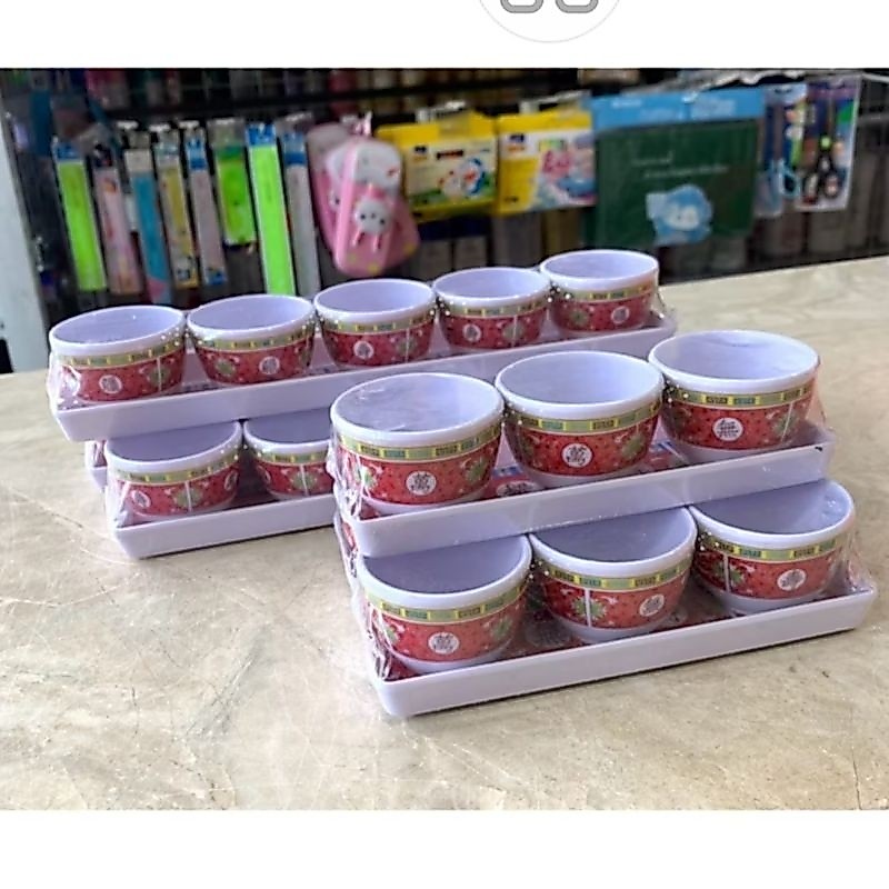 Bộ 3 chung nước bàn thờ cúng ông địa hoa văn đỏ đẹp