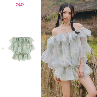 Đầm babydoll OLV tơ mỏng bồng bềnh Sage Green Fleur Off Shoulder Ruffle Mini Dress nữ tính