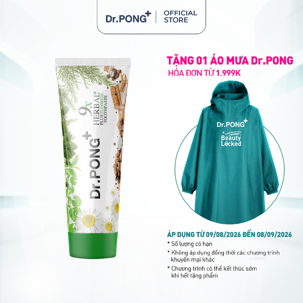 Kem đánh răng 9 loại thảo dược hỗ trợ  giảm mùi hôi miệng giúp răng trắng khỏe Dr.PONG 9x Herbal + F