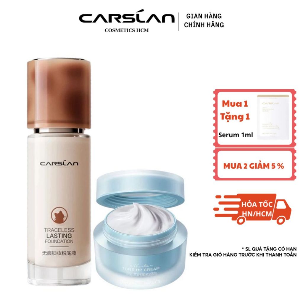 Combo kem nền Carslan mỏng nhẹ + kem lười Carslan che phủ nhanh, nền đều màu tự nhiên