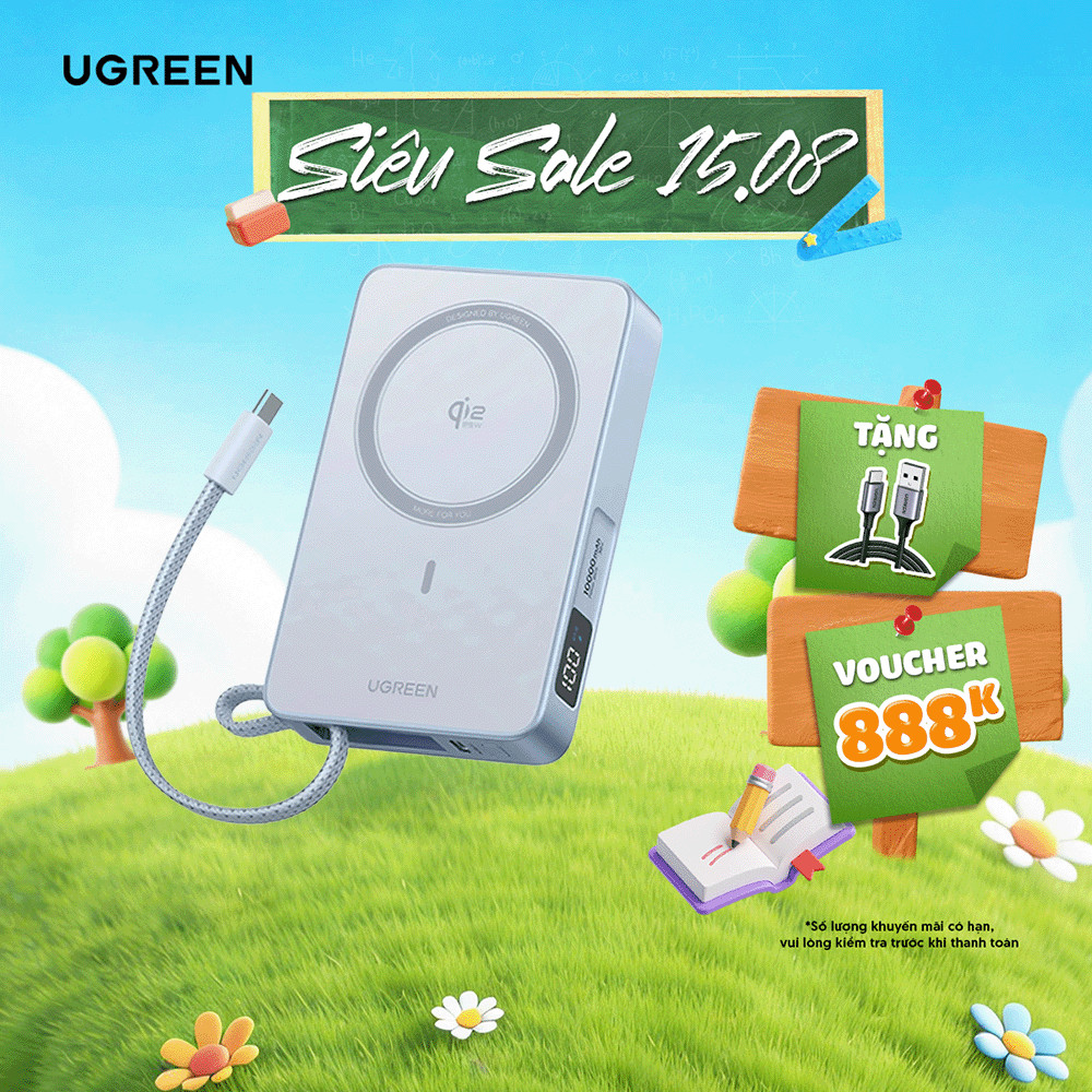 Sạc di động Qi2.2 Ugreen PB773 | Sạc không dây 25W/ Có dây 30W | 10000mAh | BH 18 tháng 1 đổi 1 | 65
