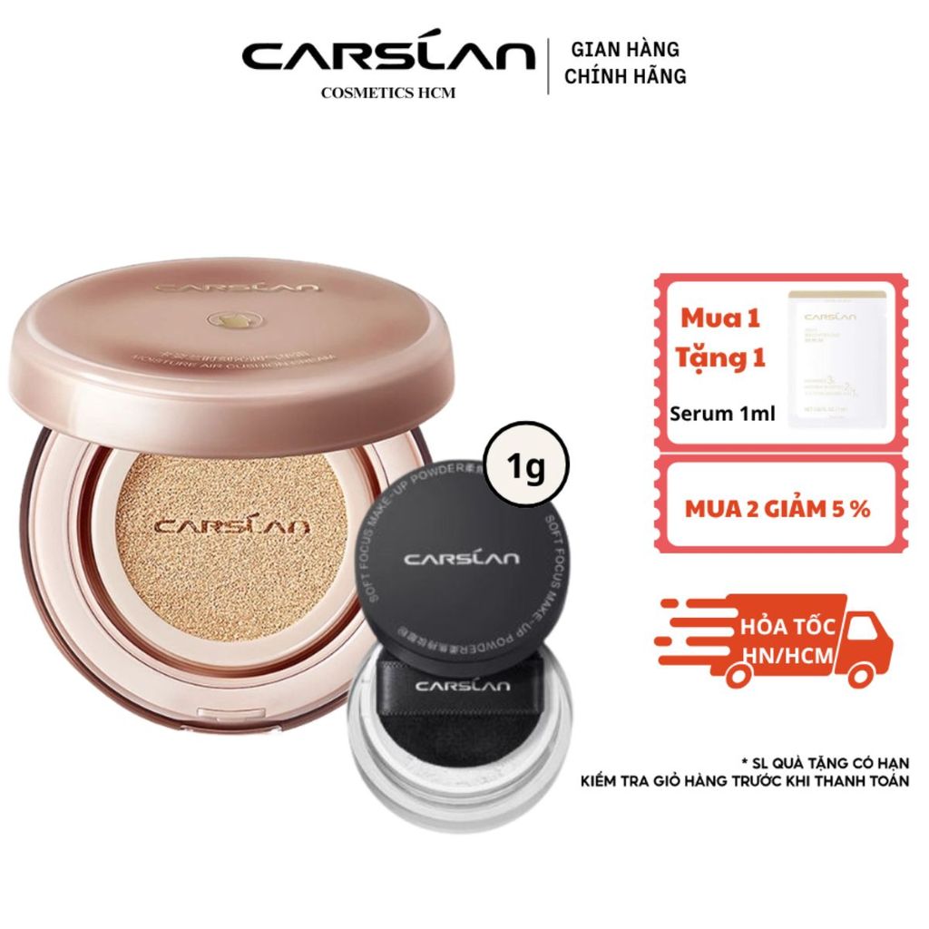 Combo Cushion CARSLAN  Dưỡng Ẩm Cho Da Khô Che Phủ Tự Nhiên + Phấn Phủ Bột Mini 1g Giữ Nền Makeup
