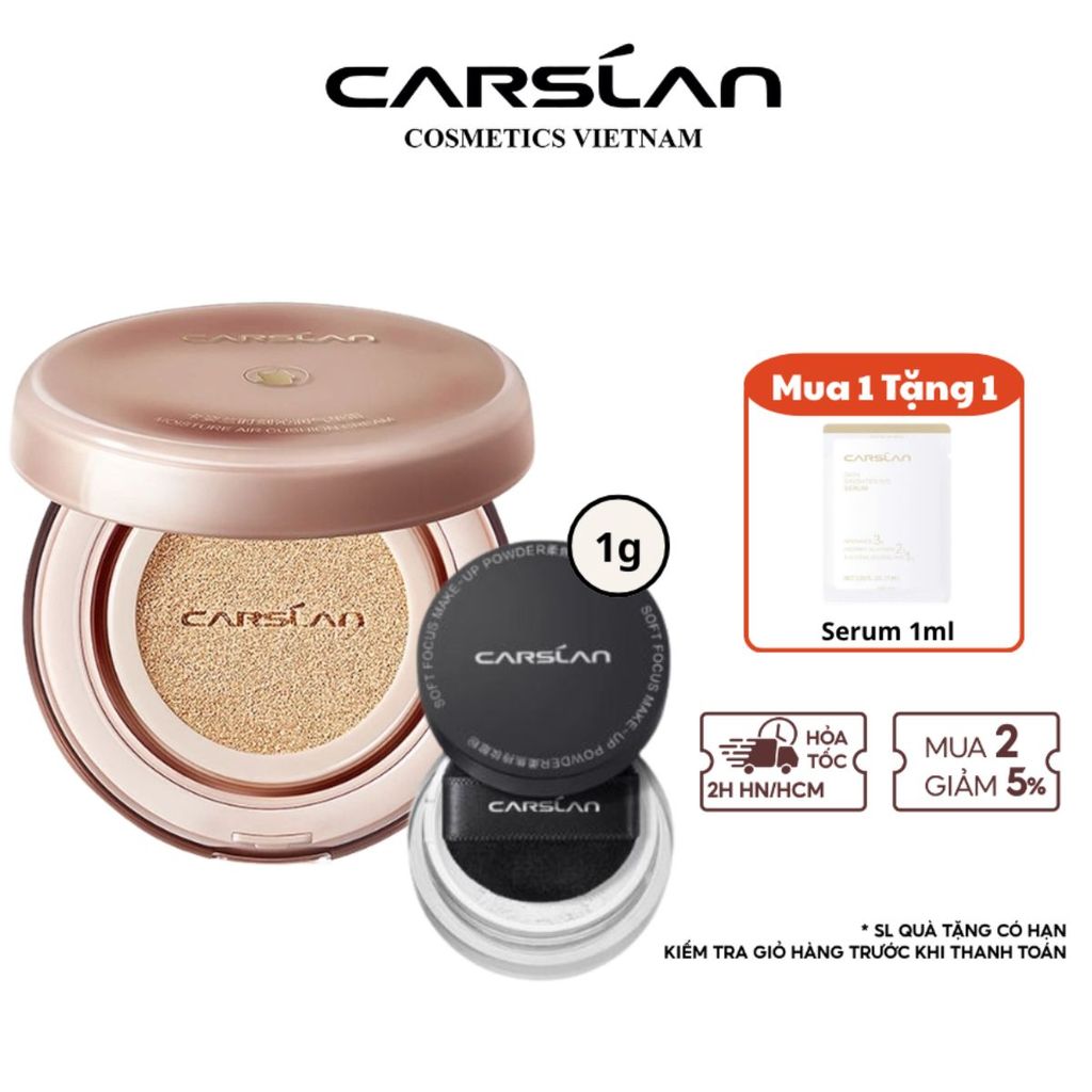 Combo Cushion CARSLAN  Dưỡng Ẩm Cho Da Khô Che Phủ Tự Nhiên + Phấn Phủ Bột Mini 1g Giữ Nền Makeup