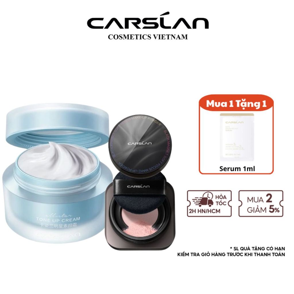 Combo kem lười Carslan nền nhanh – mịn + phấn phủ Carslan kiềm dầu, khóa nền bền màu 2025
