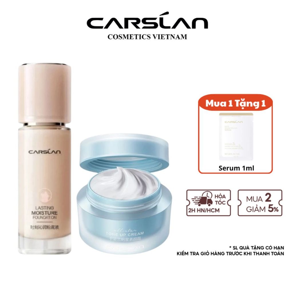 Combo kem nền Carslan mỏng nhẹ + kem lười Carslan che phủ nhanh, nền đều màu tự nhiên