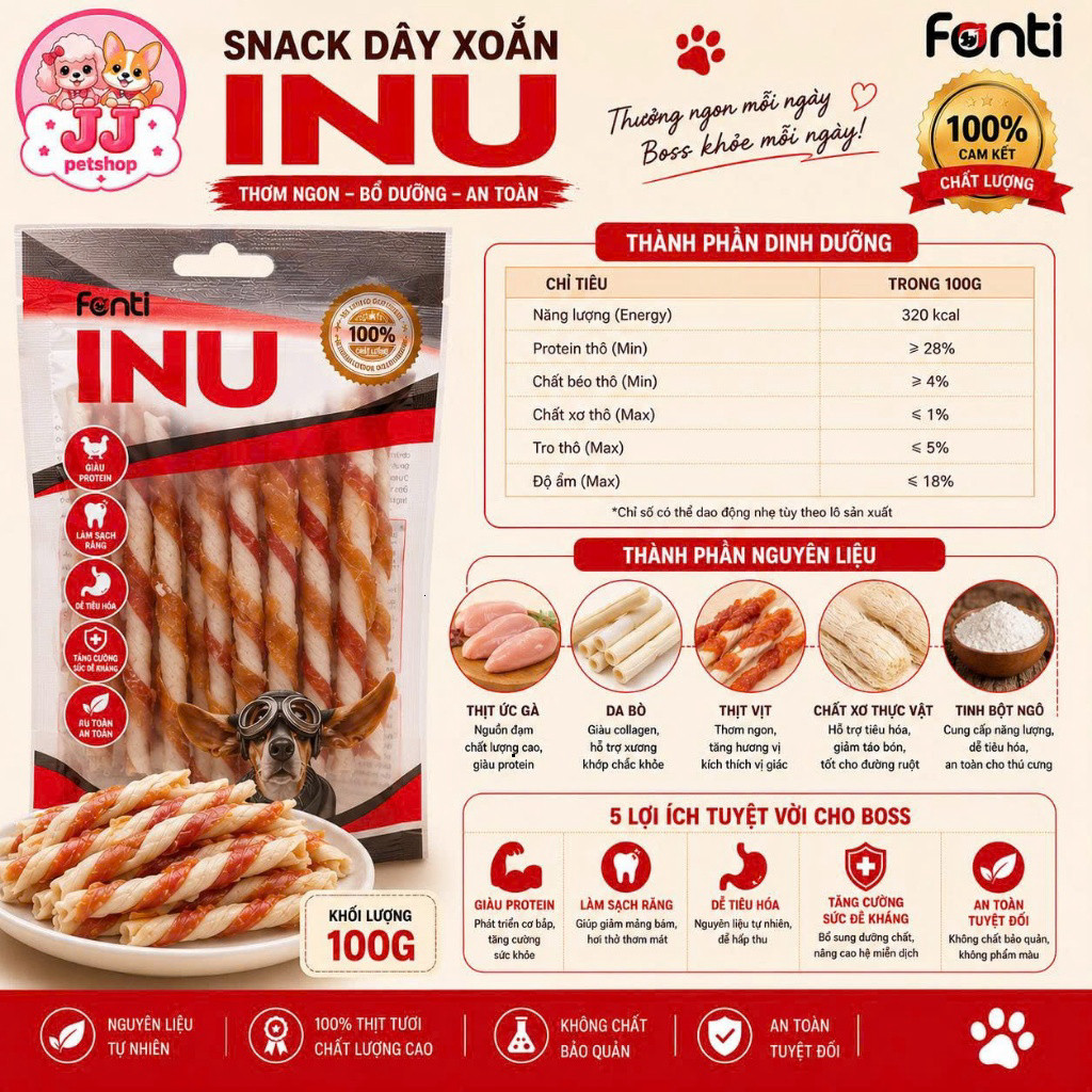 Snack Dây Xoắn Inu Bổ Dưỡng Vị Thịt Gà Và Da Bò Cho Chó Fonti (100g) JJ Pet Shop - Hỏa Tốc HCM 2H