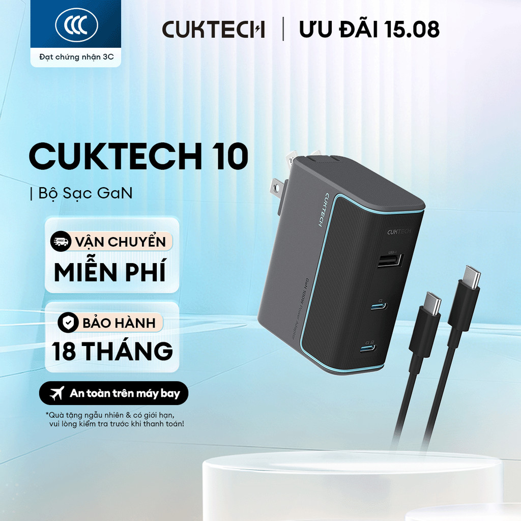 Củ Sạc GaN CUKTECH 10 2C1A | Công Suất 100W Max | Hỗ Trợ Sạc Nhanh | 3 Cổng | Bảo Hành 18 Tháng AD1003