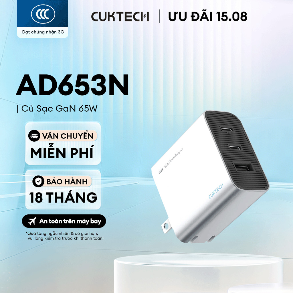 Củ Sạc GaN CUKTECH AD653N 2C1A | Công Suất Max 65W | Kích Thước Nhỏ Gọn | Bảo Hành 18 Tháng