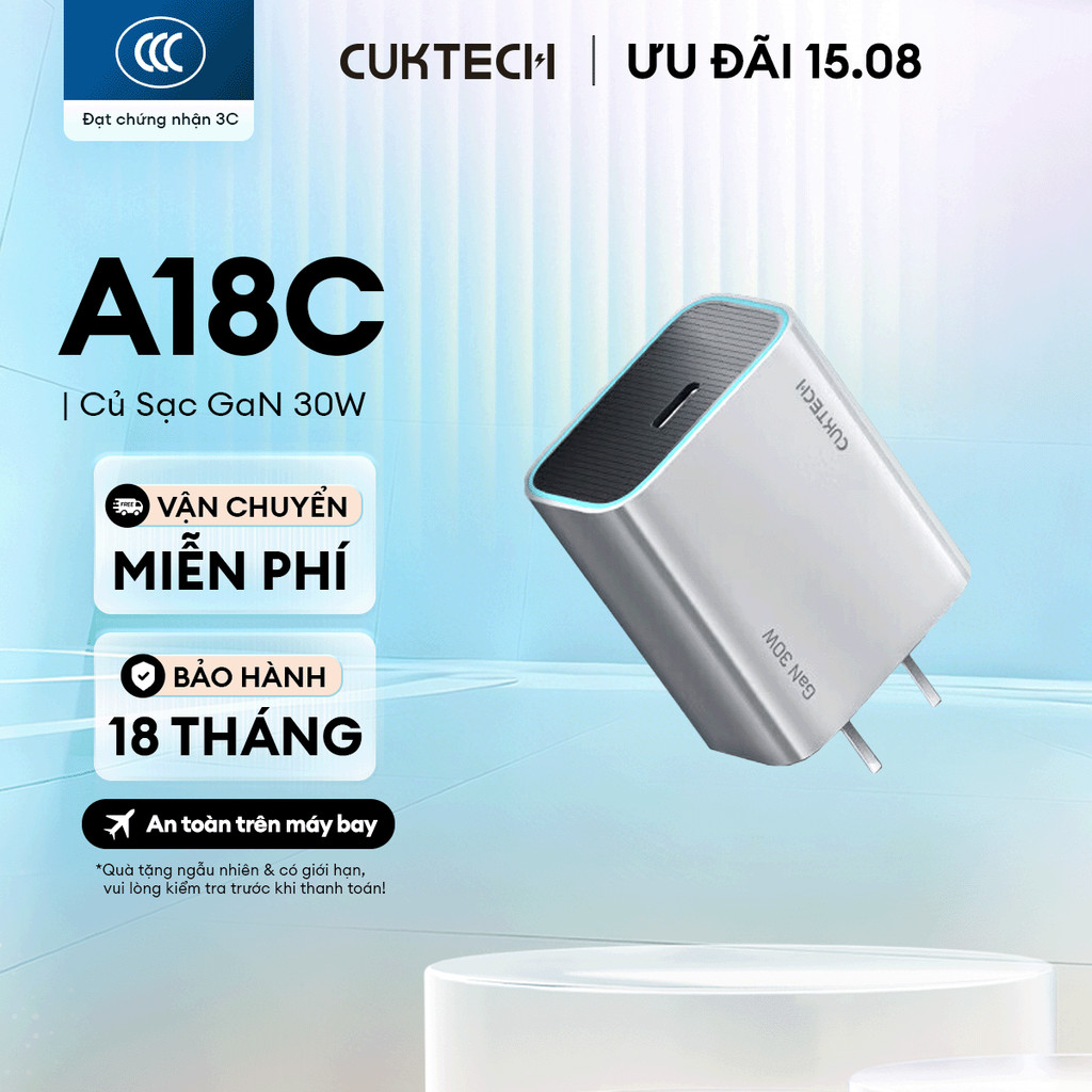 Củ Sạc GaN CUKTECH A18C 1C | Cống Suất 30W | Hỗ Trợ Sạc Nhanh | Thiết Kế Nhỏ Gọn | Bảo Hành 18 Tháng