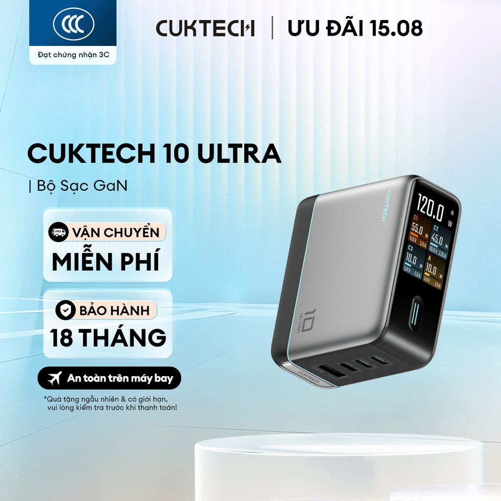 Củ Sạc GaN CUKTECH 10 ULTRA 3C1A | Công Suất 120W | Hỗ Trợ Sạc Nhanh | Bảo Hành 18 Tháng AD1204U