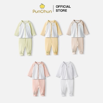 [PUNCHUN 0-6M] Bộ quần áo dài cúc giữa Fluffy cho bé sơ sinh chất liệu xuân hè