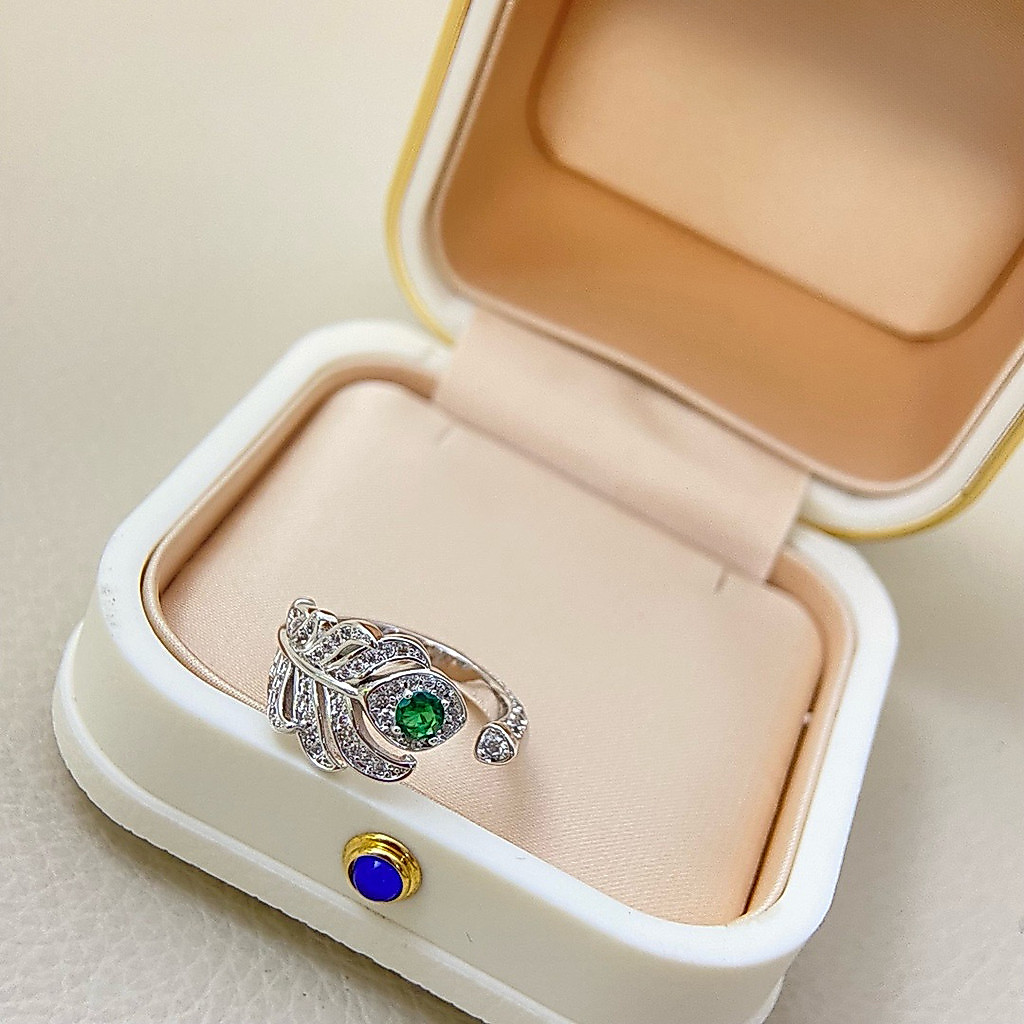 K1IZ Feather Fairy Style Full Diamond Open Ring Small Size Peacock Feather Inlaid with Sparkling Dia