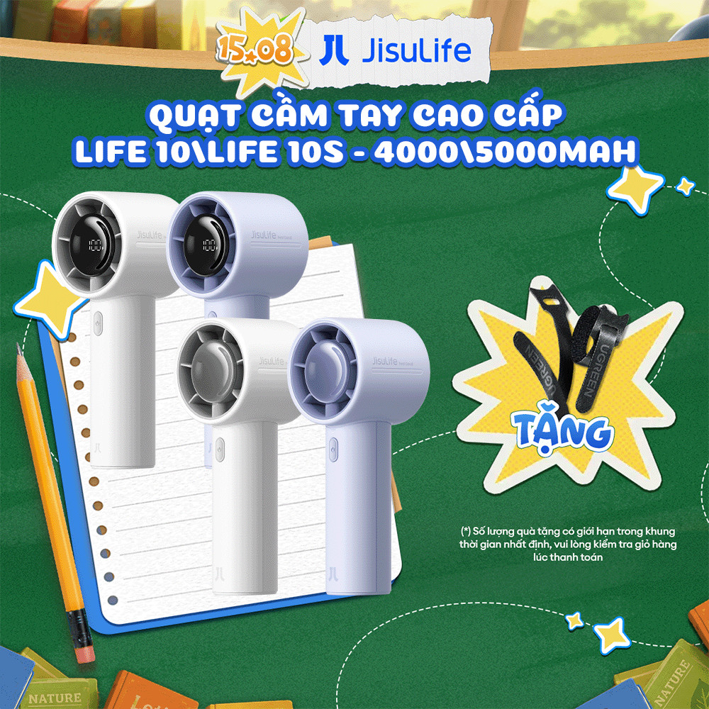 Quạt Cầm Tay JISULIFE Life10 Và 10S 4000/5000mAh - Pin 28 Giờ, 5 Cấp Gió Mạnh Mẽ, Bảo Hành 12 Tháng