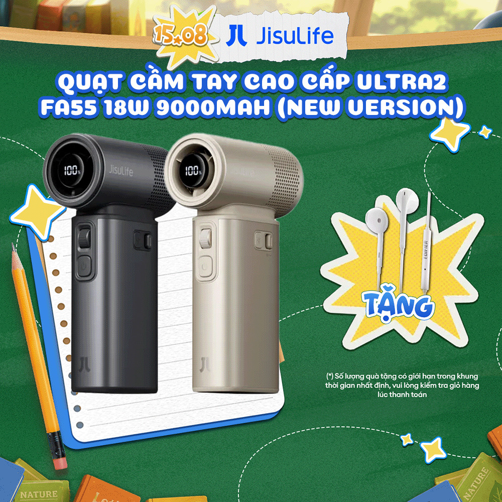 Quạt Cầm Tay JISULIFE Ultra2 9000mAh Cao Cấp – Thế Hệ Mới, Đa Chức Năng – Sử Dụng 1.5H-25H – Bảo Hàn