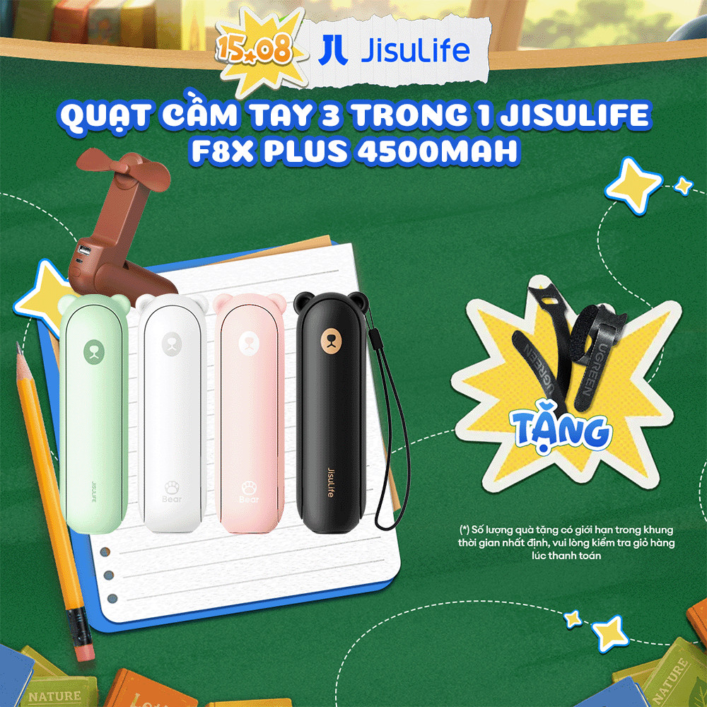 Quạt Cầm Tay 3 in 1 JISULIFE F8X Plus 4500mAh Tích Hợp Sạc Dự Phòng - Đèn Pin Siêu Sáng Bảo Hành 12 