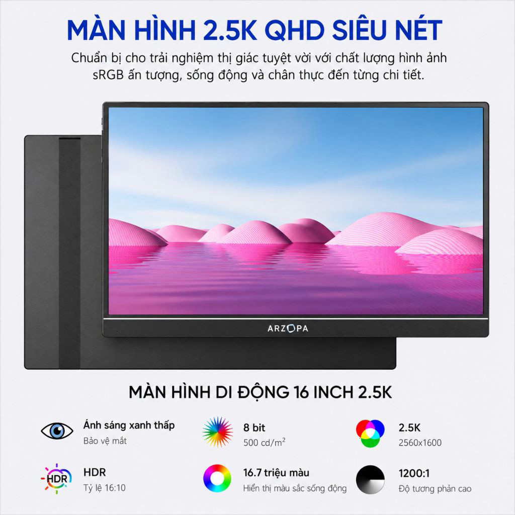 Màn Hình Di Động ARZOPA Z1RC 16 Inch 2.5K IPS: Độ Sáng 500 Nits HDR Siêu Nét Cho Dân Văn Phòng & Gam