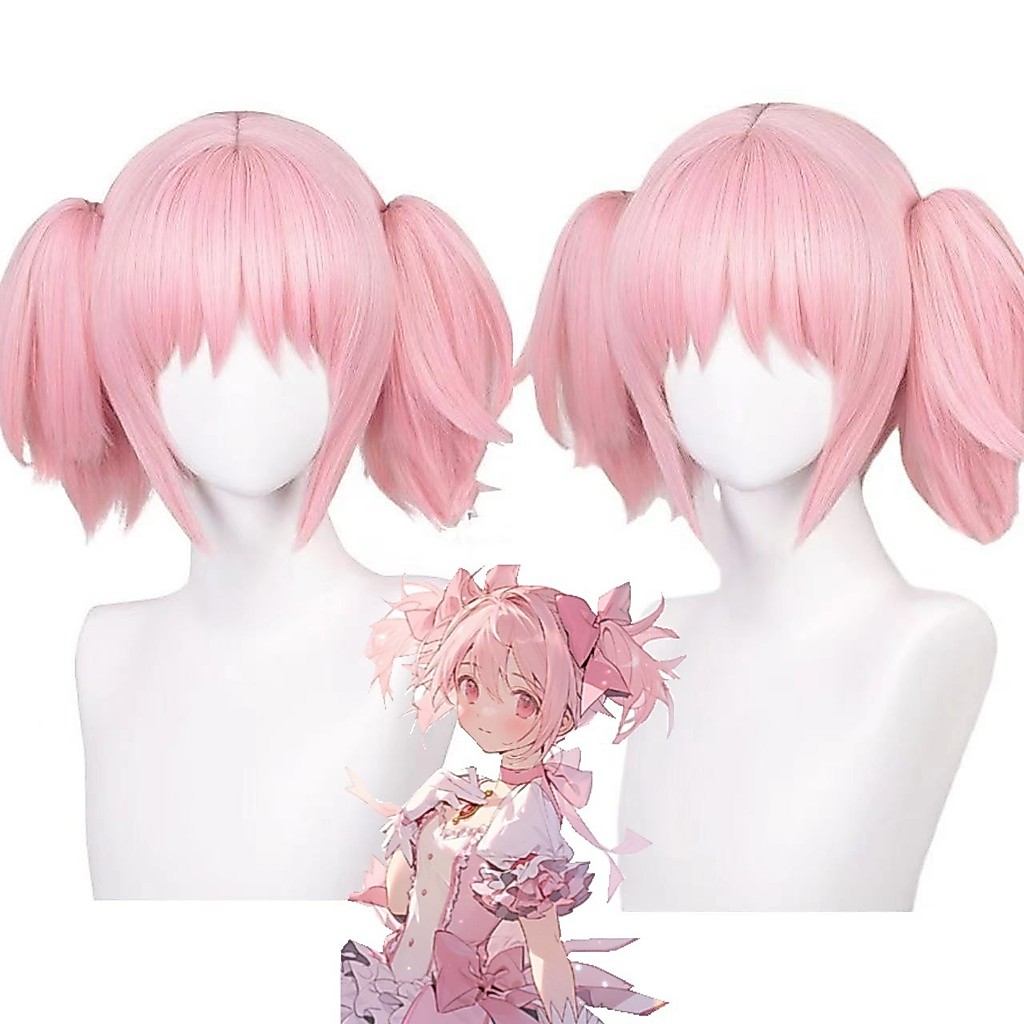 Puella Magi Madoka Magica Cosplay Madoka Kaname Tóc Giả Màu Hồng Ngắn Đôi Đuôi Ngựa