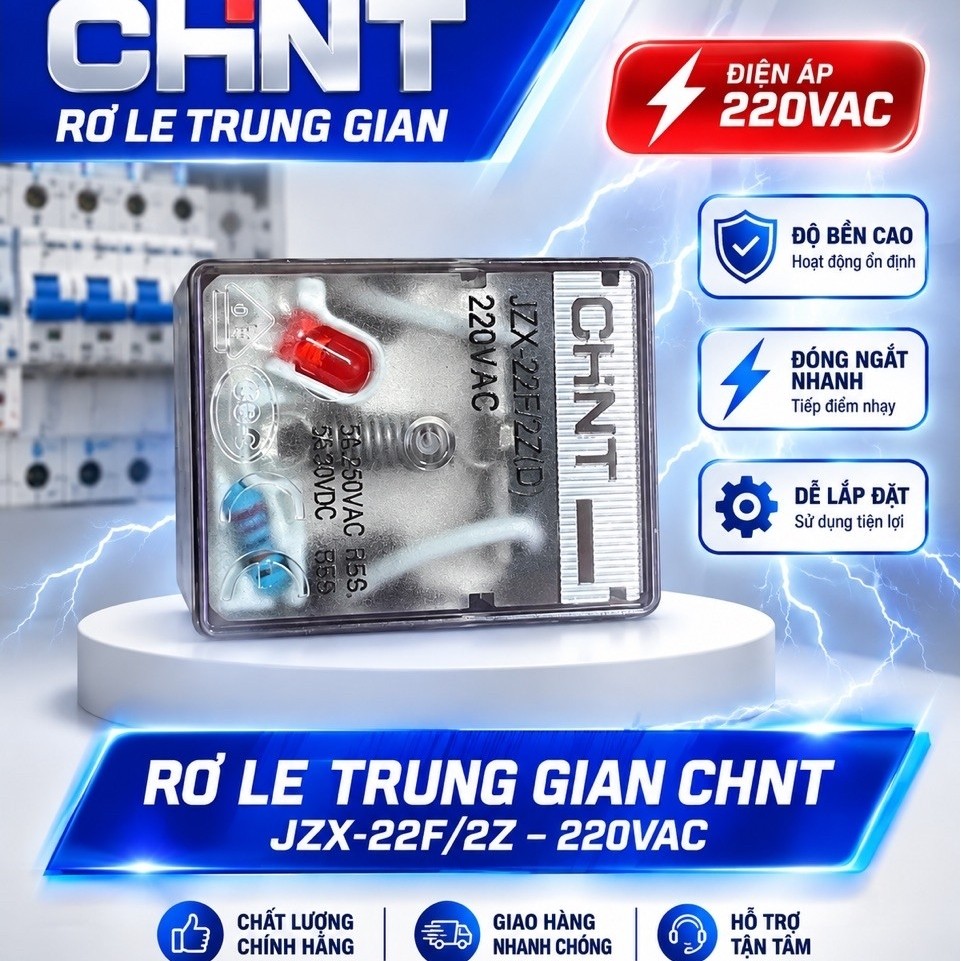 Rơ Le Trung Gian CHINT JZX-22F/2Z 220VAC – Relay 8 – Rơ Le Điện Từ Có Đèn Báo LED