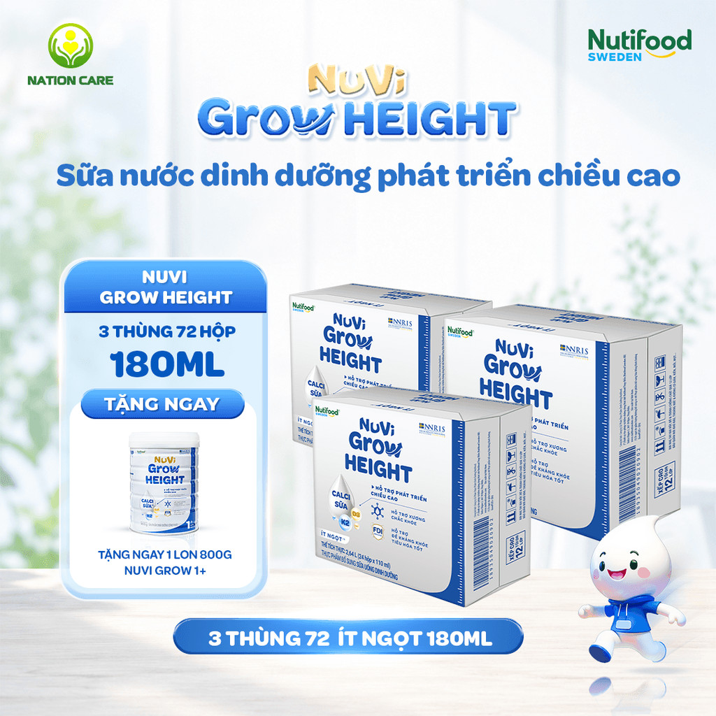 Sữa Nước Nuvi Grow Height (3 Thùng 180ml Tặng 1 Lon 1+ 800G) - Hỗ Trợ Phát Triển Chiều Cao