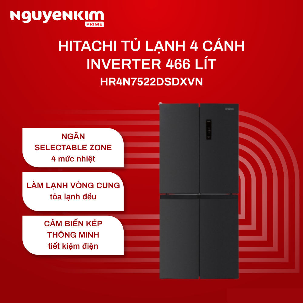 Tủ lạnh 4 cánh Hitachi Inverter 466 lít ngăn đông dưới HR4N7522DSDXVN [Bảo hành chính hãng]