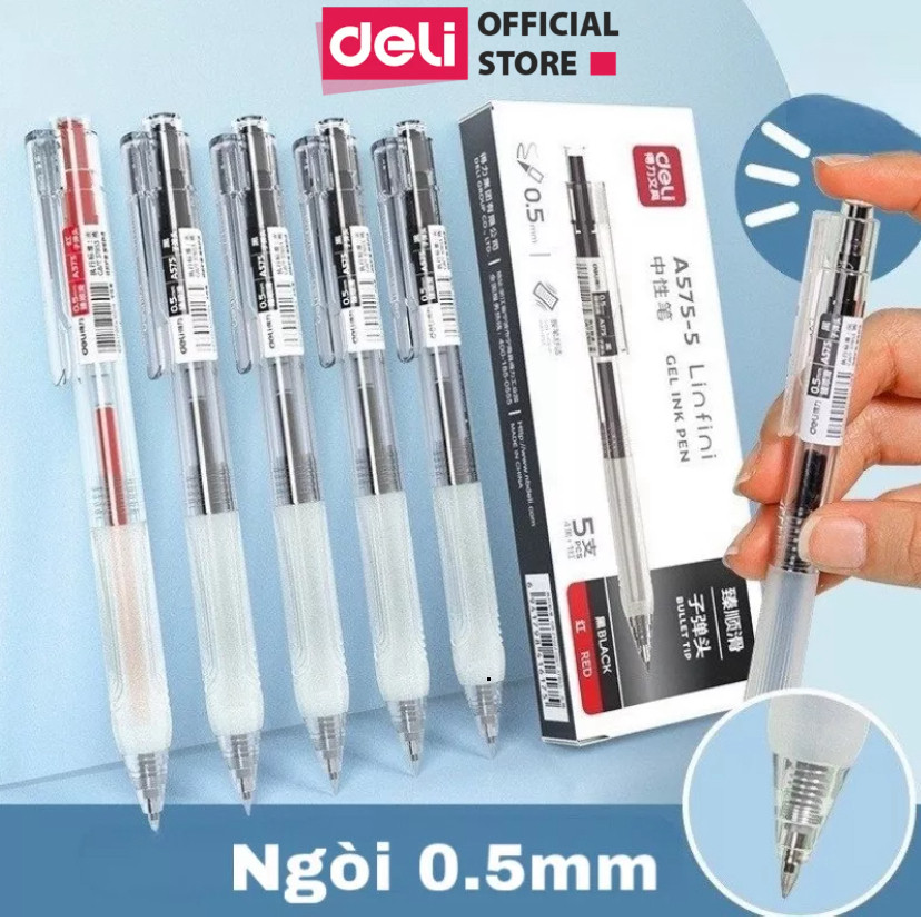 [Hộp A575] Bút Bi Nước Deli Viết Gel Bấm A575 Ngòi 0.5mm Mực Xanh Đen Đỏ Trơn Tru Có Đệm Tay Êm