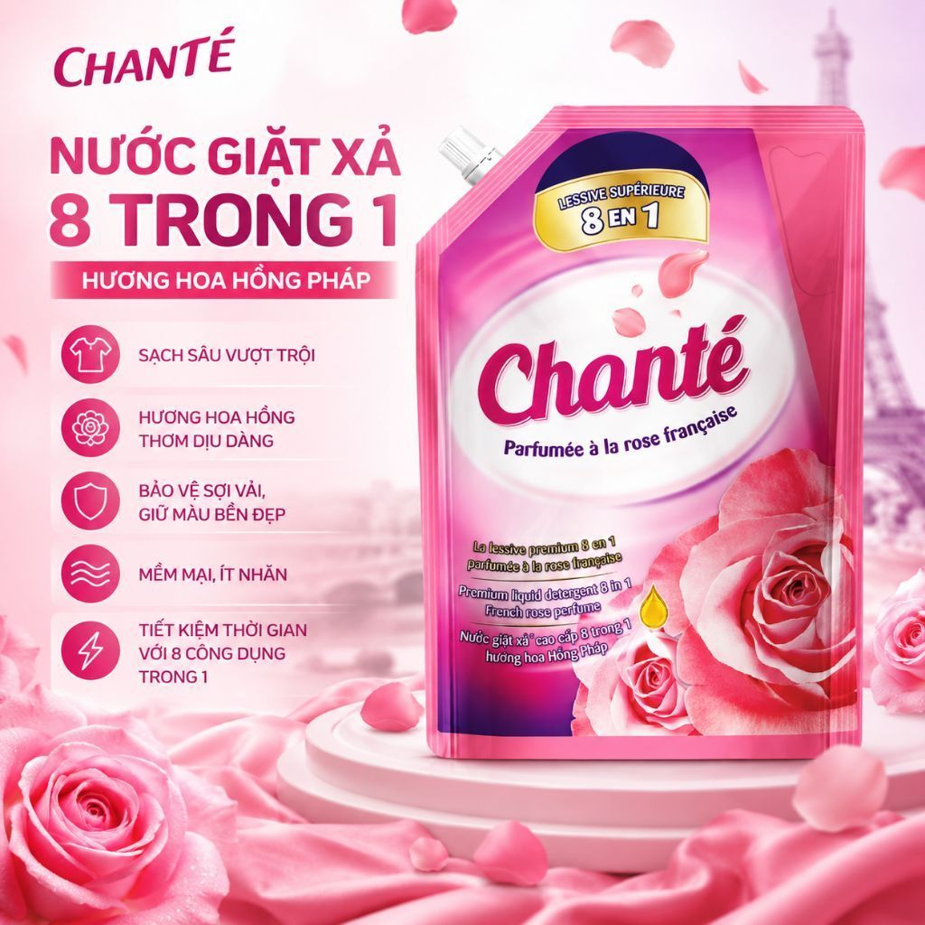 NƯỚC GIẶT XẢ CHANTÉ 8 TRONG 1 HƯƠNG HOA HỒNG PHÁP TÚI 3.05KG