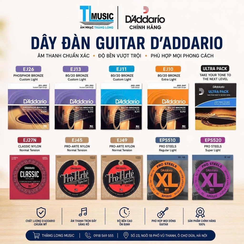 HOT DÂY D’ADDARIO chính hãng EJ10, EJ11, EJ13, EJ26, EJ27, EJ45, EJ49, EPS510, EPS520 (TẶNG KÈM 3 PI