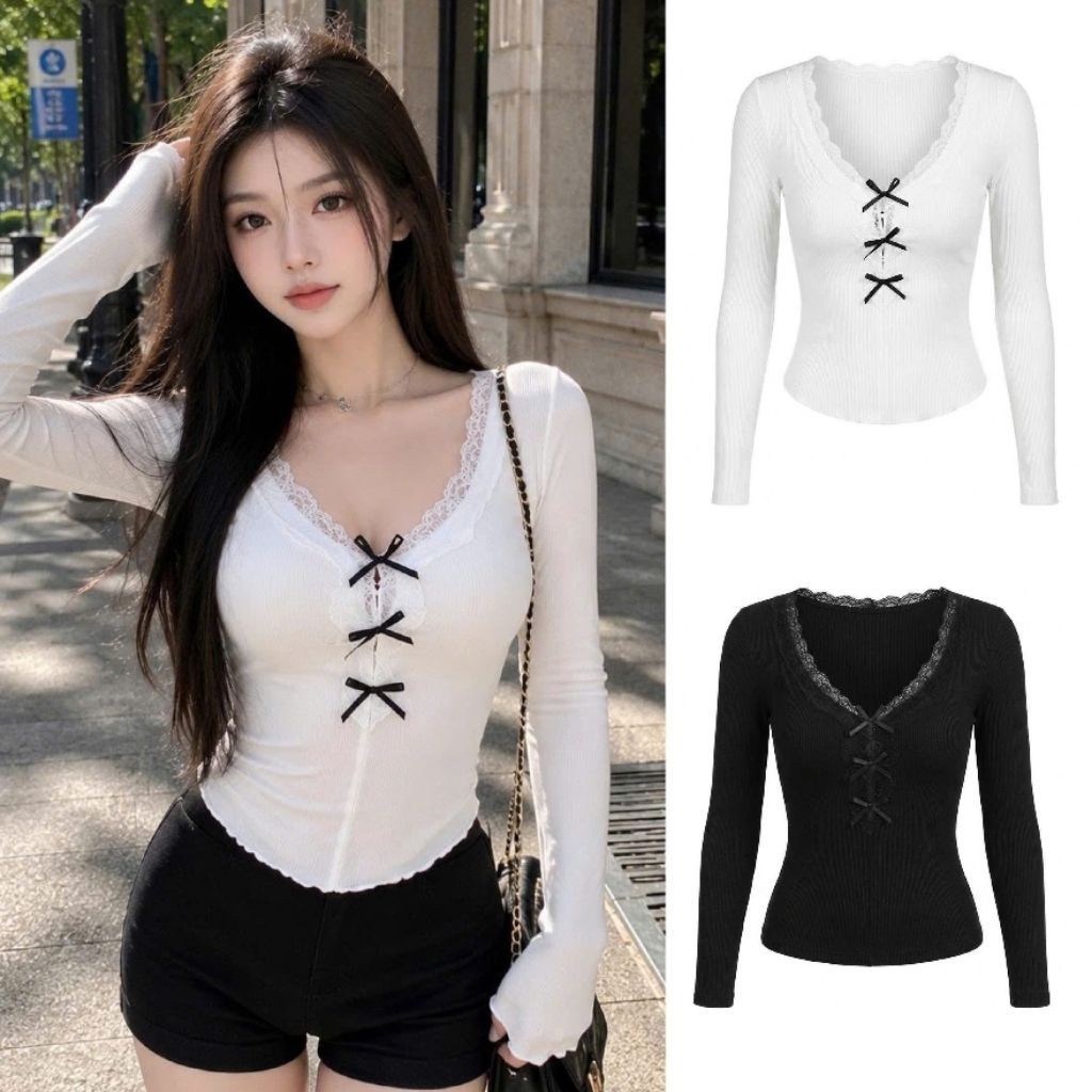 Áo thun kiểu nữ tay dài cổ tim viền ren đính nơ xinh xắn tôn dáng đẹp đẹp zuka mới LINU1