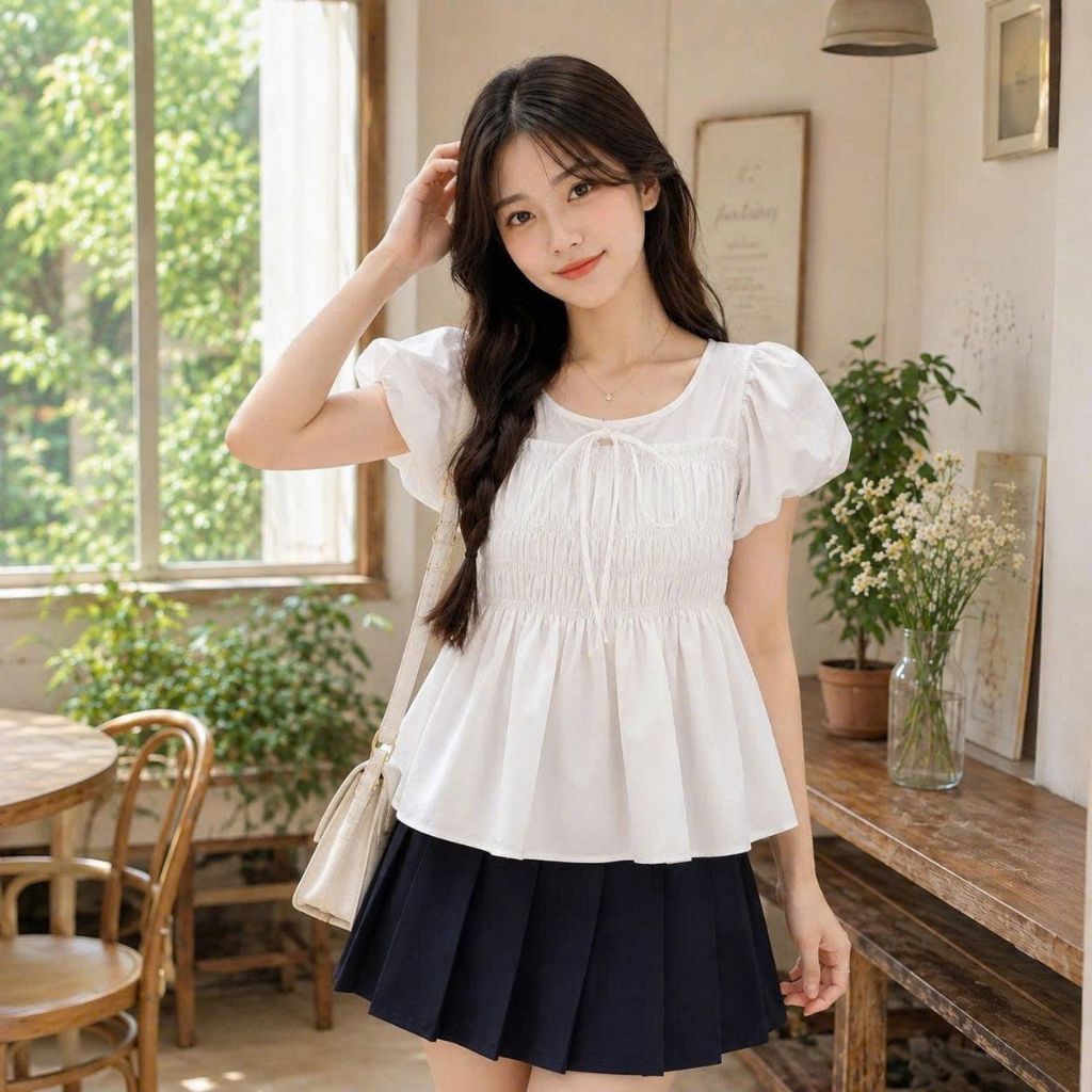 Áo babydoll kiểu nhún ôm body cổ tròn thắt nơ tay bồng xinh xắn chạy nhún xinh xinh zuka   QT443