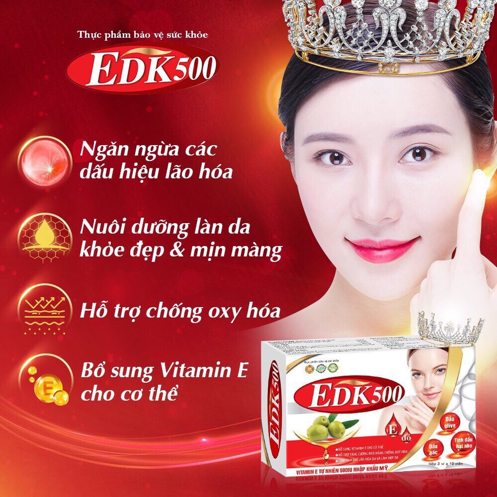 Vitamin E Đỏ EDK500 – Hỗ Trợ Làm Đẹp Da, Chống Oxy Hóa, Dưỡng Sáng, Làm Chậm Lão Hóa Da, Hộp 30 Viên