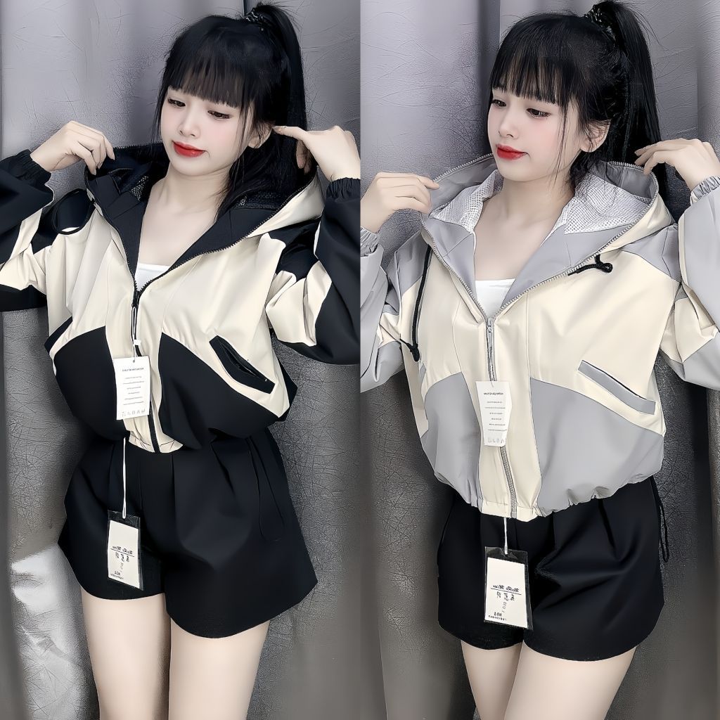 Áo Gió Nữ 2 Lớp Lót Lụa Dáng Ngắn Crtop Rộng Ngang Túi Có Khoá Kéo-Freesize ( Dưới 58kg -Áo Dài 48cm)-Có Túi Trong