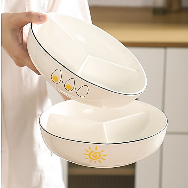 Ceramic 3-Compartment Bowl Steamed Egg Plate Oven-Safe Baking Dish Baby Food Bowl Divided Steamer Tr