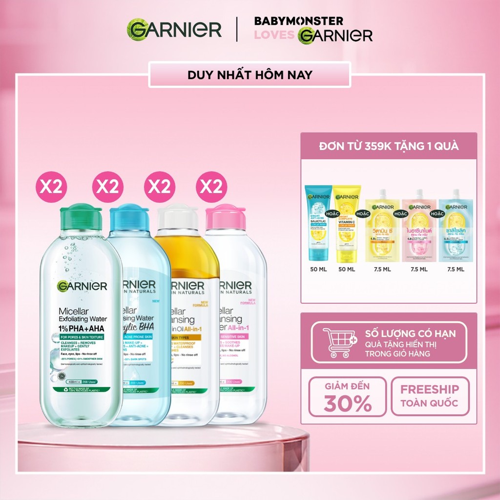 Bộ 2 nước Tẩy Trang làm sạch sâu dịu nhẹ cho mọi loại da (dầu, thường, khô, nhạy cảm) -Garnier Micel